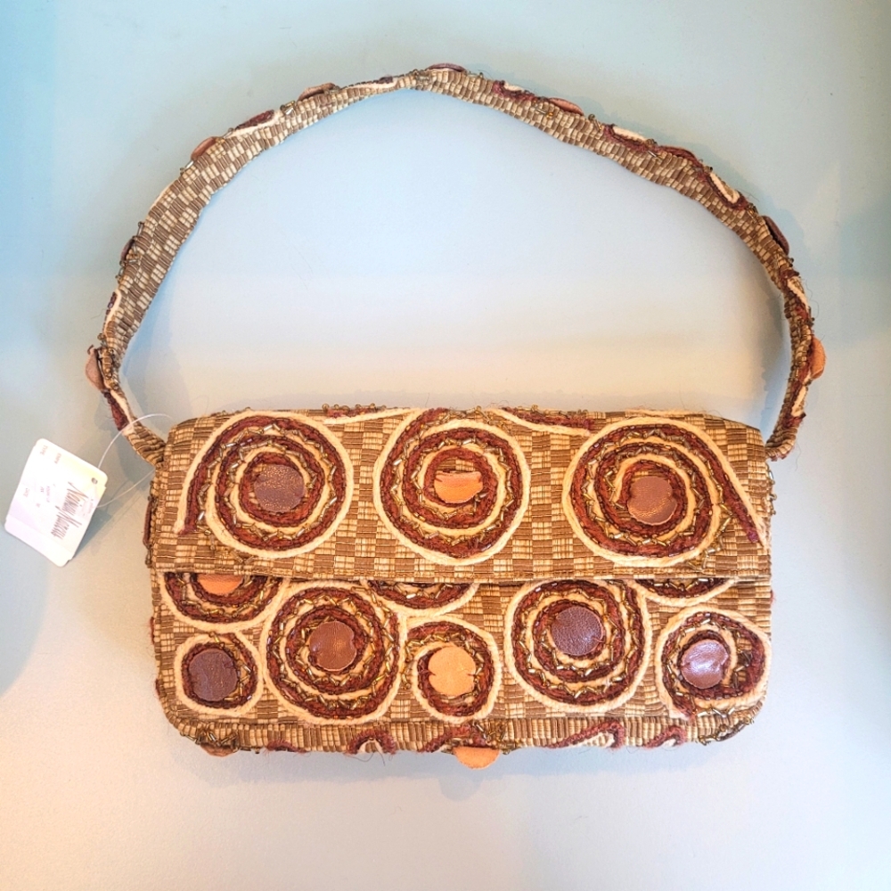 Vintage 90s SANTI purse. Leather, Cloth & Beaded. Warm/natural Colors. Deadstock